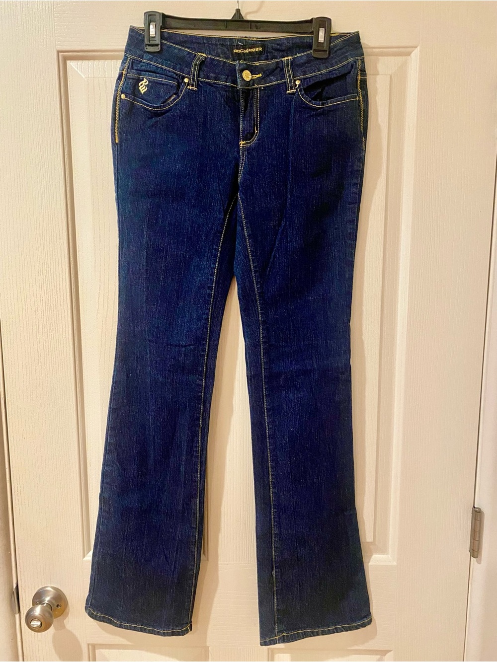 Rocawear Dark Blue Flare Jeans with Contrast Stitching. Gold Sequin Pockets